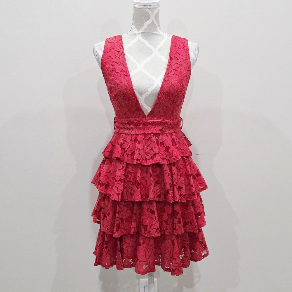 Saint + Secrets Red Lace Tiered Mini Dress